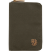 An olive green canvas zippered document pouch with a brown Fox logo patch on the lower right and a matching brown leather zipper pull, shown on a plain white background. - Fjällräven Passport Wallet - Dark Olive