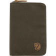 An olive green canvas zippered document pouch with a brown Fox logo patch on the lower right and a matching brown leather zipper pull, shown on a plain white background. - Fjällräven Passport Wallet - Dark Olive
