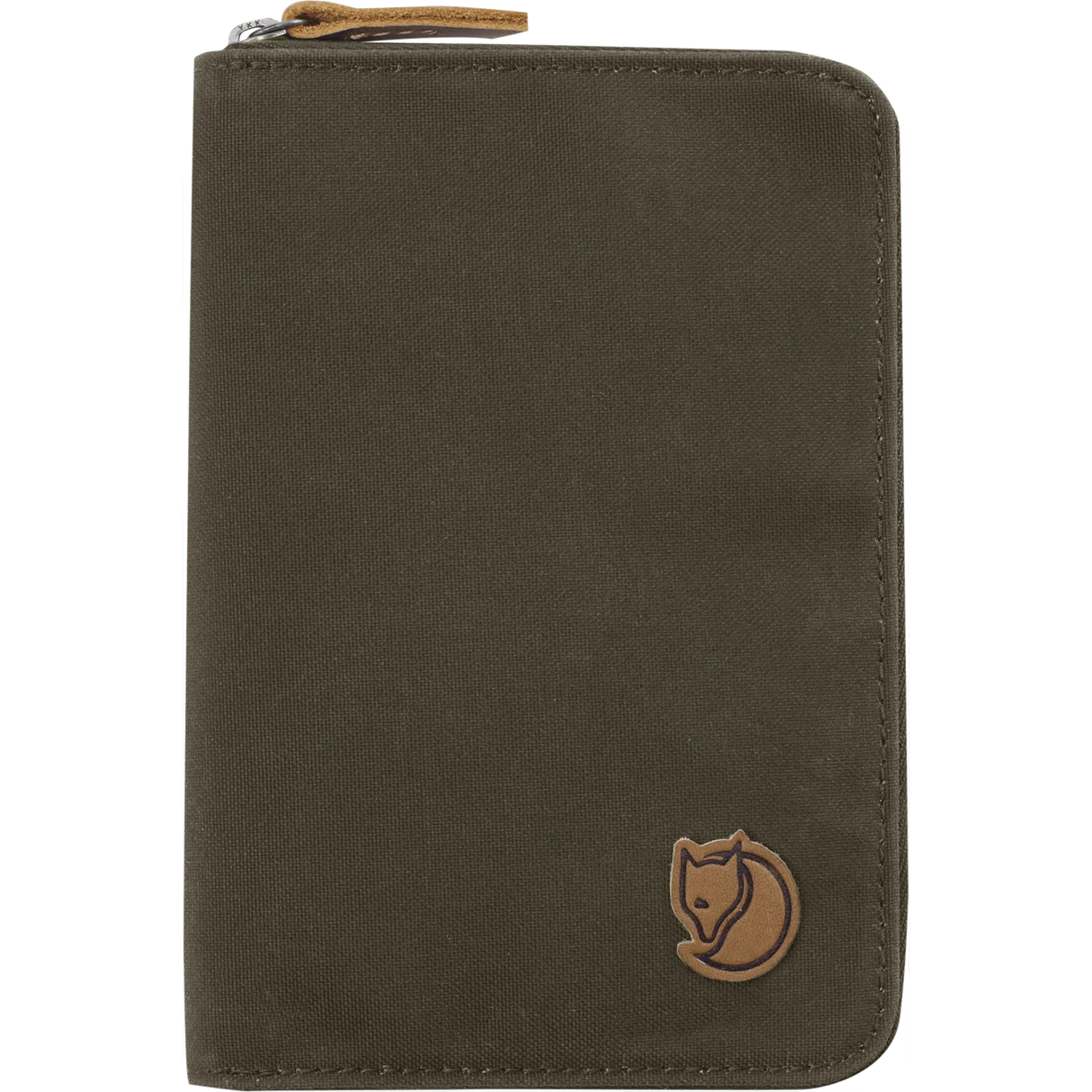 An olive green canvas zippered document pouch with a brown Fox logo patch on the lower right and a matching brown leather zipper pull, shown on a plain white background. - Fjällräven Passport Wallet - Dark Olive