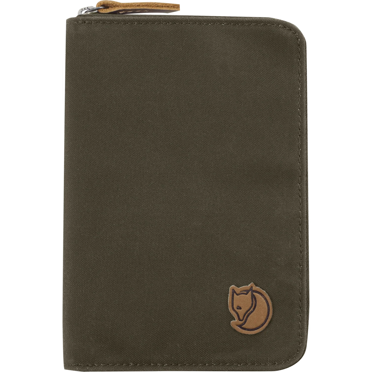 An olive green canvas zippered document pouch with a brown Fox logo patch on the lower right and a matching brown leather zipper pull, shown on a plain white background. - Fjällräven Passport Wallet - Dark Olive
