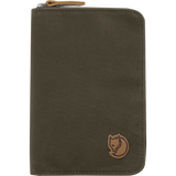 An olive green canvas zippered document pouch with a brown Fox logo patch on the lower right and a matching brown leather zipper pull, shown on a plain white background. - Fjällräven Passport Wallet - Dark Olive
