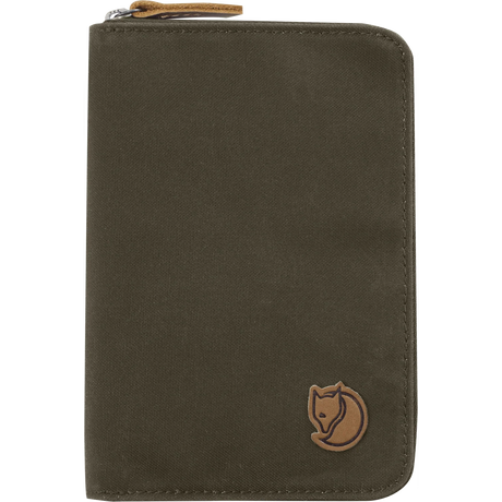 An olive green canvas zippered document pouch with a brown Fox logo patch on the lower right and a matching brown leather zipper pull, shown on a plain white background. - Fjällräven Passport Wallet - Dark Olive