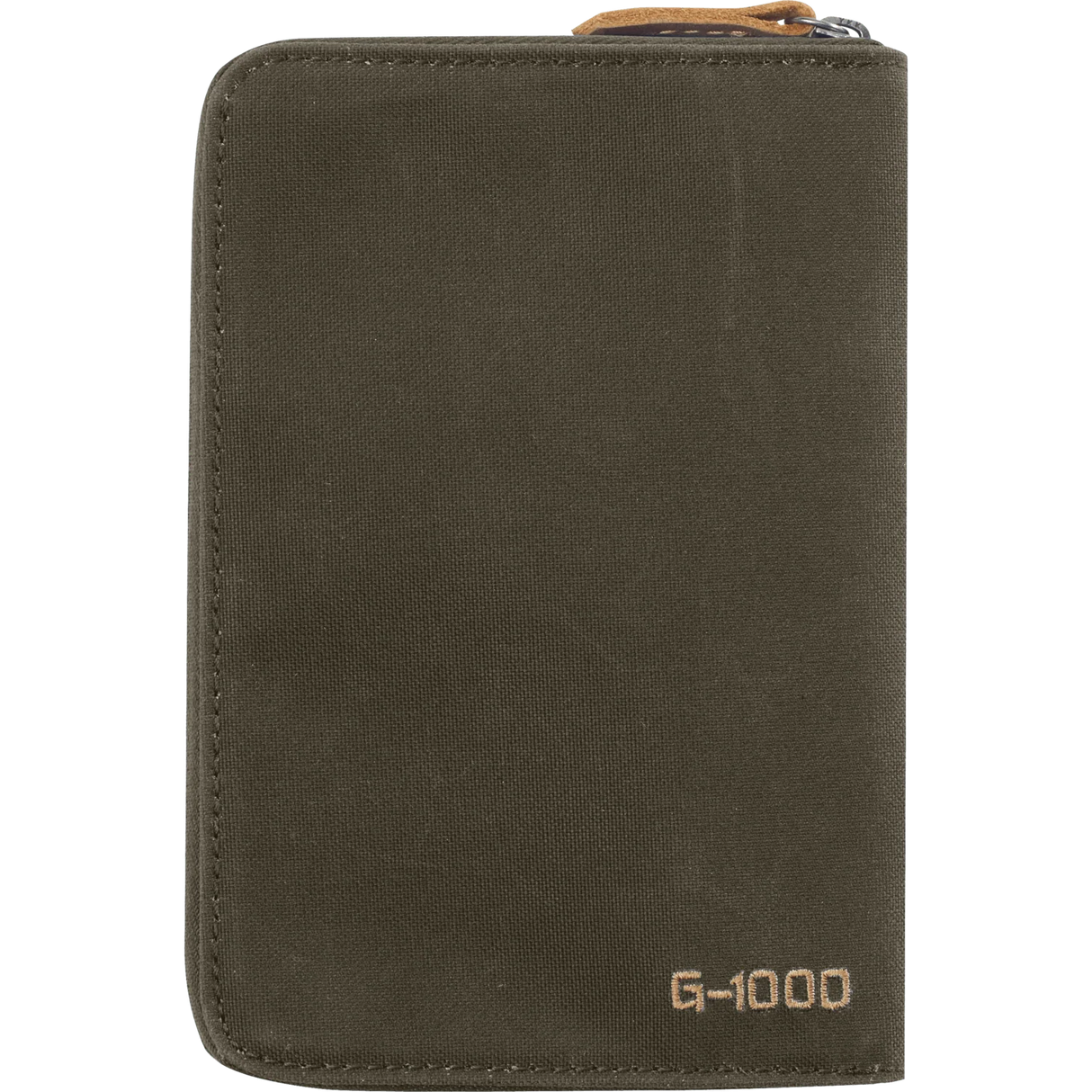 An olive green canvas zippered document pouch with 'G-1000' printed in gold near the bottom right corner, shown against a plain white background. - Fjällräven Passport Wallet - Dark Olive