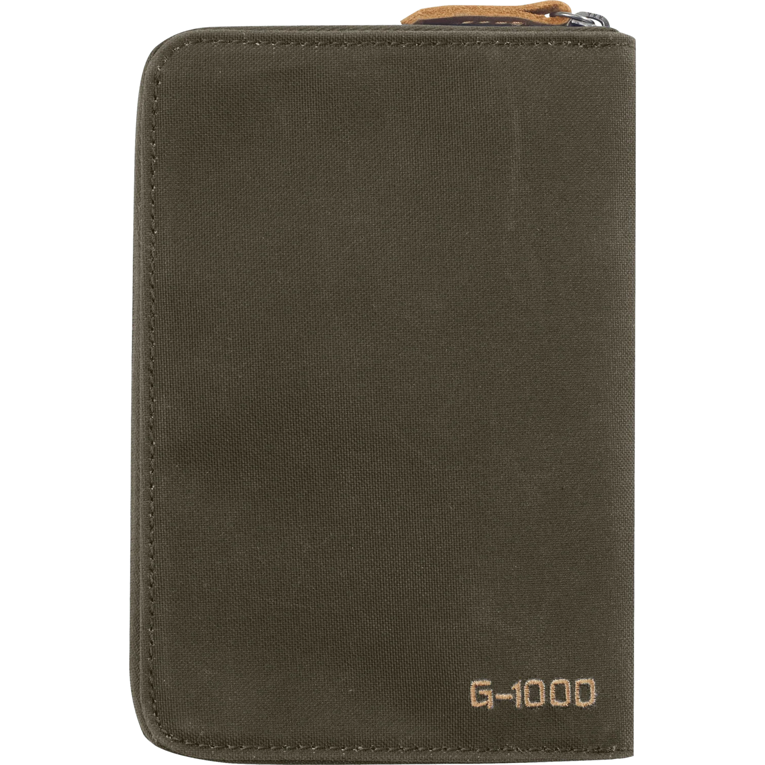 An olive green canvas zippered document pouch with 'G-1000' printed in gold near the bottom right corner, shown against a plain white background. - Fjällräven Passport Wallet - Dark Olive