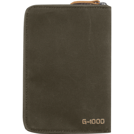 An olive green canvas zippered document pouch with 'G-1000' printed in gold near the bottom right corner, shown against a plain white background. - Fjällräven Passport Wallet - Dark Olive