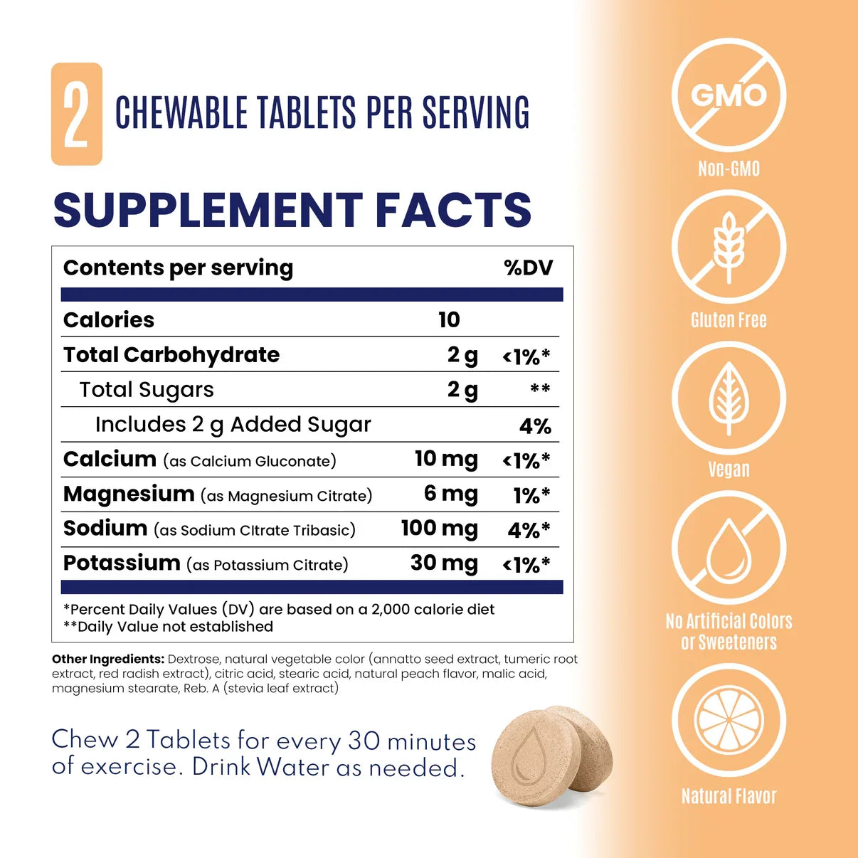 Supplement facts label for chewable tablets, showing a nutrition table with calories, carbohydrates, sugars, calcium, magnesium, sodium, and potassium. The label includes icons for Non-GMO, Gluten Free, Vegan, No Artificial Colors of Sweeteners, and Natural Flavor, plus text stating 2 chewable tablets per serving and a small photo of round beige tablets. - SaltStick FastChews - Peach 