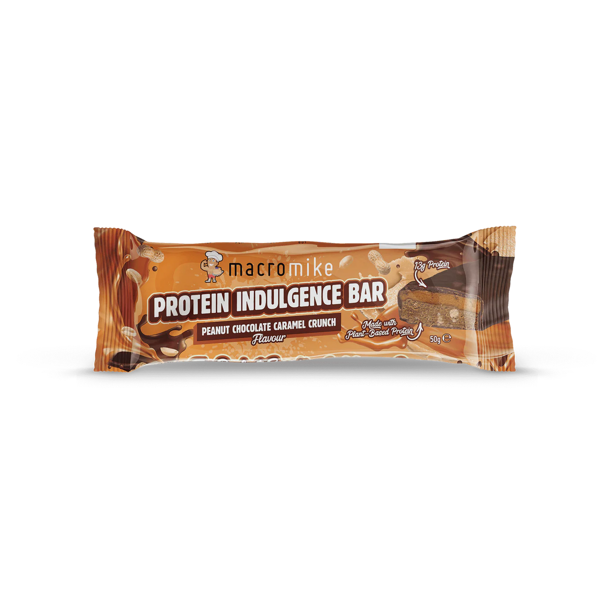 A packaged protein indulgence bar in a brown wrapper labeled 'macromike PROTEIN INDULGENCE BAR' with 'PEANUT CHOCOLATE CARAMEL CRUNCH' and 'Flavor: Peanut' visible on a white background. - Macro Mike Protein Indulgence Bar (50g) - Peanut Chocolate Caramel Crunch