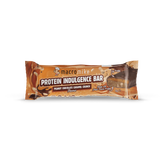 A packaged protein indulgence bar in a brown wrapper labeled 'macromike PROTEIN INDULGENCE BAR' with 'PEANUT CHOCOLATE CARAMEL CRUNCH' and 'Flavor: Peanut' visible on a white background. - Macro Mike Protein Indulgence Bar (50g) - Peanut Chocolate Caramel Crunch