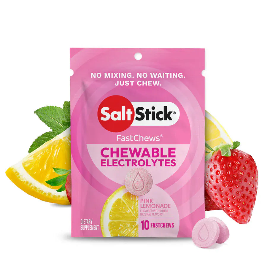 Pink lemonade-flavored SaltStick FastChews chewable electrolytes packaging with lemons, strawberry, and mint leaves on a white background. - SaltStick FastChews - Pink Lemonade Single