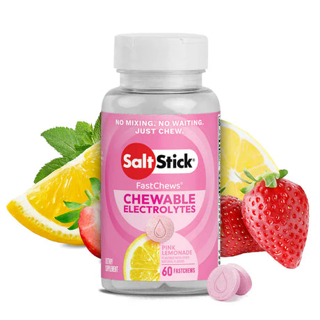 SaltStick chewable electrolytes bottle with pink lemonade flavor on a white background - SaltStick FastChews - Pink Lemonade Bottle