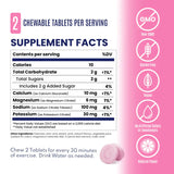 Supplement facts label for a chewable supplement product, showing a serving size of 2 chewable tablets, a nutrition facts table, and a pink side panel with icons for Non-GMO, Gluten Free, Vegan, No Artificial Colors, and Natural Flavor. - SaltStick FastChews - Pink Lemonade 