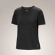A black short-sleeve crewneck athletic t-shirt with a small white Arc'teryx logo on the lower right hem, displayed against a neutral light gray gradient background. - Arc'teryx Lana Merino Wool Crew Short-Sleeve T-Shirt (Women's) - Black
