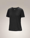 A black short-sleeve crewneck athletic t-shirt with a small white Arc'teryx logo on the lower right hem, displayed against a neutral light gray gradient background. - Arc'teryx Lana Merino Wool Crew Short-Sleeve T-Shirt (Women's) - Black