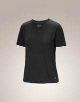 A black short-sleeve crewneck athletic t-shirt with a small white Arc'teryx logo on the lower right hem, displayed against a neutral light gray gradient background. - Arc'teryx Lana Merino Wool Crew Short-Sleeve T-Shirt (Women's) - Black