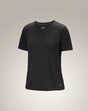 A black short-sleeve crewneck athletic t-shirt with a small white Arc'teryx logo on the lower right hem, displayed against a neutral light gray gradient background. - Arc'teryx Lana Merino Wool Crew Short-Sleeve T-Shirt (Women's) - Black