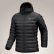 Black puffer jacket with a brand logo on a beige background - Arc'teryx Cerium Hoody (Men's) - Black
