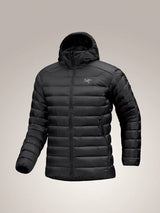 Black puffer jacket with a brand logo on a beige background - Arc'teryx Cerium Hoody (Men's) - Black
