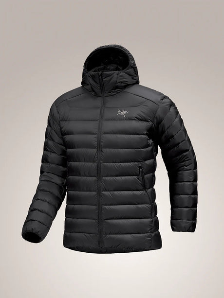 Black puffer jacket with a brand logo on a beige background - Arc'teryx Cerium Hoody (Men's) - Black