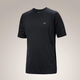 A black short-sleeve athletic t-shirt with a small white Arc'teryx logo on the left chest, displayed on a neutral light gray background. - Arc'teryx Merino Wool Shirt Short Sleeve (Men's) - Black
