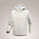 A light off-white Arc'teryx hooded jacket with a full zip front and zippered chest pockets, shown on a neutral beige gradient background. - Arc'teryx Gamma MX Hoody (Men's) - Sea Salt