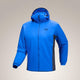 A bright blue Arc'teryx hooded jacket with dark gray side panels, shown on a neutral beige gradient background. - Arc'teryx Atom Hoody (Men's) - Fluidity/Black Sapphire