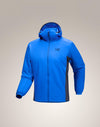 A bright blue Arc'teryx hooded jacket with dark gray side panels, shown on a neutral beige gradient background. - Arc'teryx Atom Hoody (Men's) - Fluidity/Black Sapphire