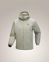 A light gray hooded jacket with a full front zipper and a small Arc'teryx logo on the left chest, displayed against a neutral light gray background. - Arc'teryx Atom Hoody (Men's) - Habitat