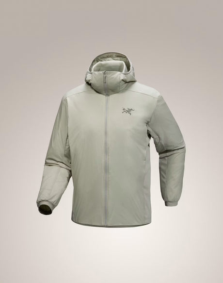 A light gray hooded jacket with a full front zipper and a small Arc'teryx logo on the left chest, displayed against a neutral light gray background. - Arc'teryx Atom Hoody (Men's) - Habitat
