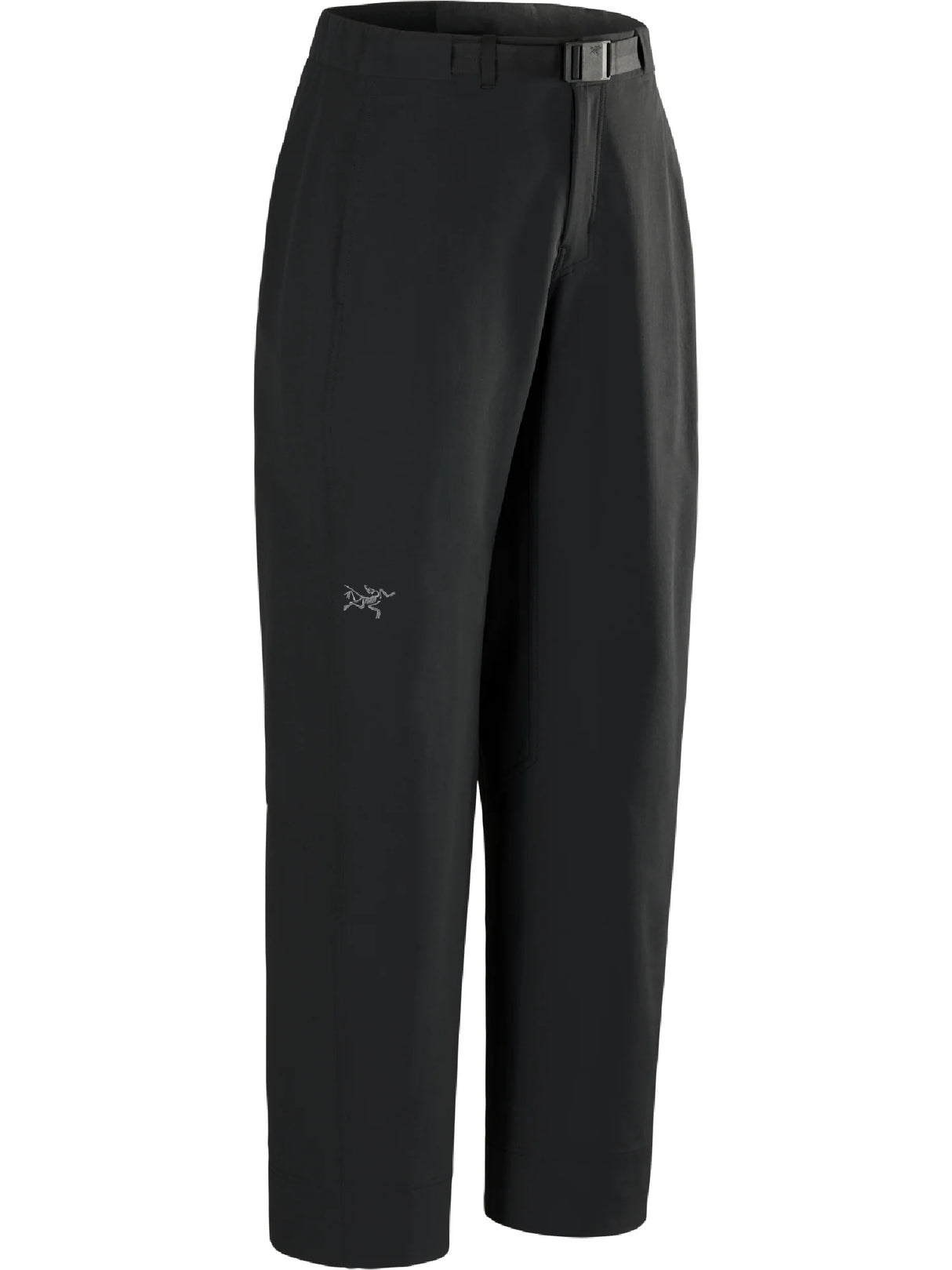 Black Arc'teryx outdoor pants with a matching black belt and a small silver Arc'teryx logo on the left thigh, shown against a plain white background. - Arc'teryx Nia Pants (Women's) - Black