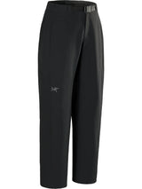 Black Arc'teryx outdoor pants with a matching black belt and a small silver Arc'teryx logo on the left thigh, shown against a plain white background. - Arc'teryx Nia Pants (Women's) - Black