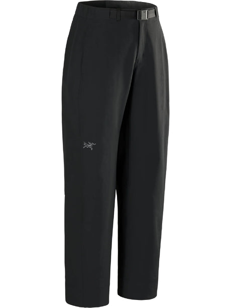 Black Arc'teryx outdoor pants with a matching black belt and a small silver Arc'teryx logo on the left thigh, shown against a plain white background. - Arc'teryx Nia Pants (Women's) - Black