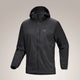 A dark gray hooded jacket with a full zip front and a small Arc'teryx logo on the left chest, displayed against a neutral light gray background. - Arc'teryx Squamish Hoody (Men's) - Black