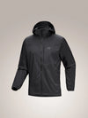 A dark gray hooded jacket with a full zip front and a small Arc'teryx logo on the left chest, displayed against a neutral light gray background. - Arc'teryx Squamish Hoody (Men's) - Black