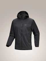A dark gray hooded jacket with a full zip front and a small Arc'teryx logo on the left chest, displayed against a neutral light gray background. - Arc'teryx Squamish Hoody (Men's) - Black