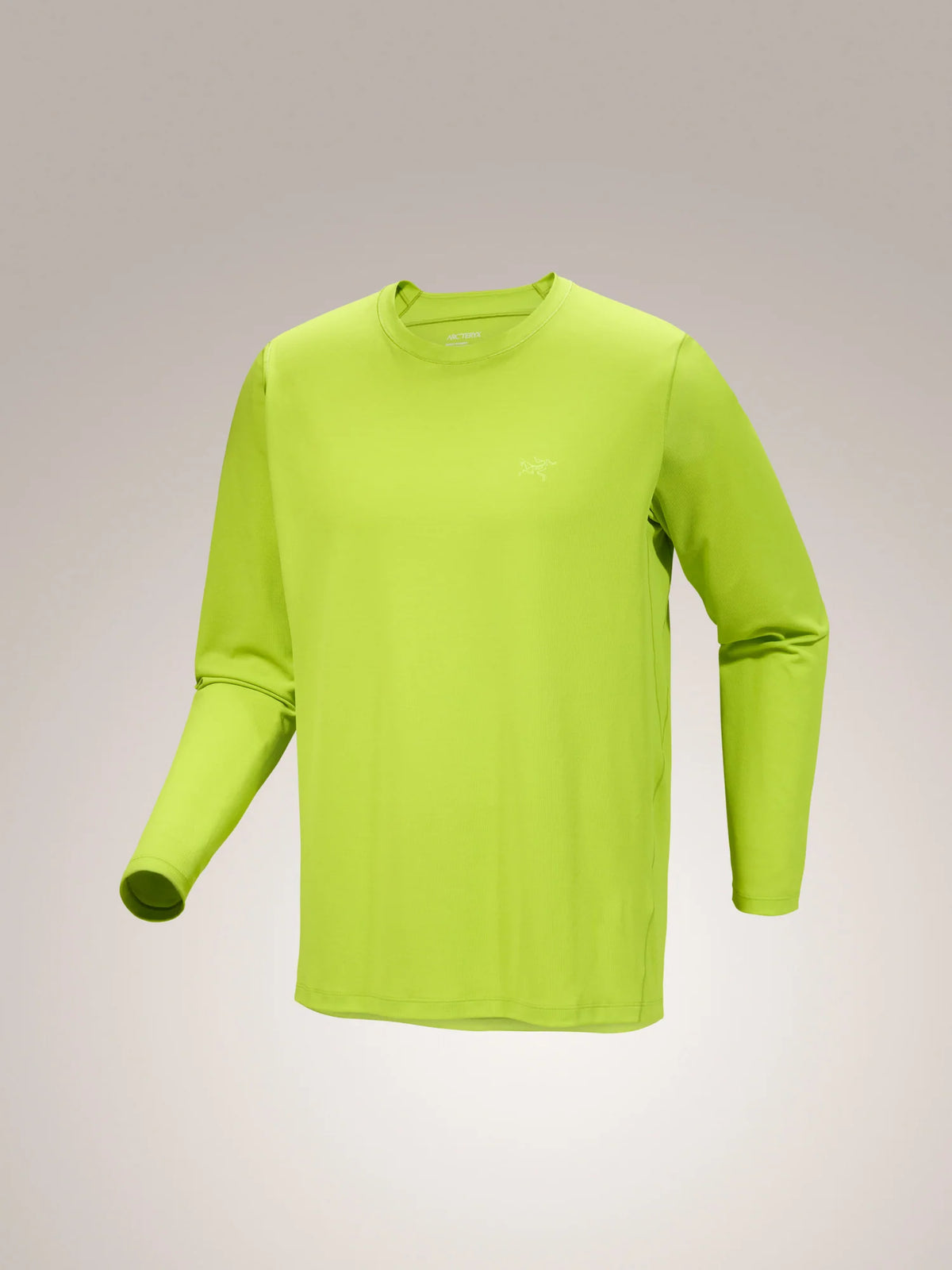 A bright lime green long-sleeve athletic shirt with a small white Arc'teryx logo on the left chest, displayed on a neutral light gray background. - Arc'teryx Cormac Crew Neck Shirt Long Sleeve (Men's) - Mantis