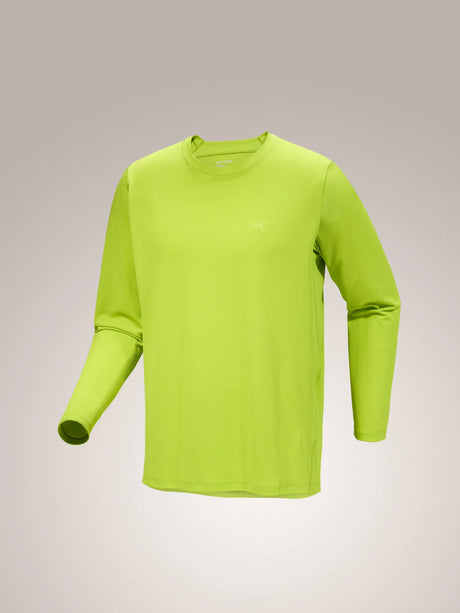 A bright lime green long-sleeve athletic shirt with a small white Arc'teryx logo on the left chest, displayed on a neutral light gray background. - Arc'teryx Cormac Crew Neck Shirt Long Sleeve (Men's) - Mantis