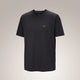 A black short-sleeve crewneck t-shirt with a small gray embroidered Arc'teryx logo on the left chest, displayed against a neutral light gray gradient background. - Arc'teryx Cormac Crew Neck Shirt Short Sleeve (Men's) - Black