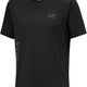 A black short-sleeve athletic t-shirt by Arc'teryx, featuring a subtle gray logo on the left chest and vertical branding on the right sleeve, shown against a plain white background. - Arc'teryx Norvan Downword Logo Shirt Short Sleeve (Men's) - Black