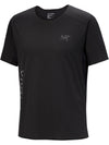 A black short-sleeve athletic t-shirt by Arc'teryx, featuring a subtle gray logo on the left chest and vertical branding on the right sleeve, shown against a plain white background. - Arc'teryx Norvan Downword Logo Shirt Short Sleeve (Men's) - Black