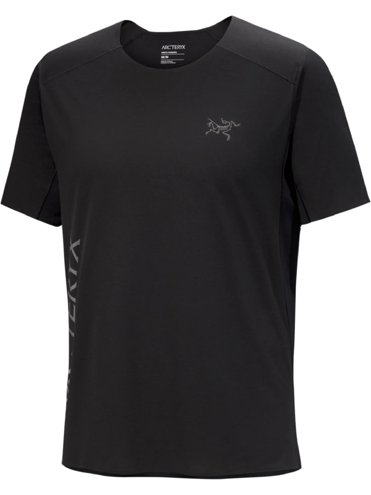 A black short-sleeve athletic t-shirt by Arc'teryx, featuring a subtle gray logo on the left chest and vertical branding on the right sleeve, shown against a plain white background. - Arc'teryx Norvan Downword Logo Shirt Short Sleeve (Men's) - Black