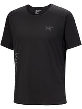 A black short-sleeve athletic t-shirt by Arc'teryx, featuring a subtle gray logo on the left chest and vertical branding on the right sleeve, shown against a plain white background. - Arc'teryx Norvan Downword Logo Shirt Short Sleeve (Men's) - Black