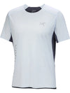 White t-shirt with black accents and branding on a white background - Arc'teryx Norvan Downword Logo Shirt Short Sleeve (Men's) - Alpine Blue/Dark Stratus