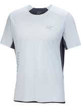 White t-shirt with black accents and branding on a white background - Arc'teryx Norvan Downword Logo Shirt Short Sleeve (Men's) - Alpine Blue/Dark Stratus