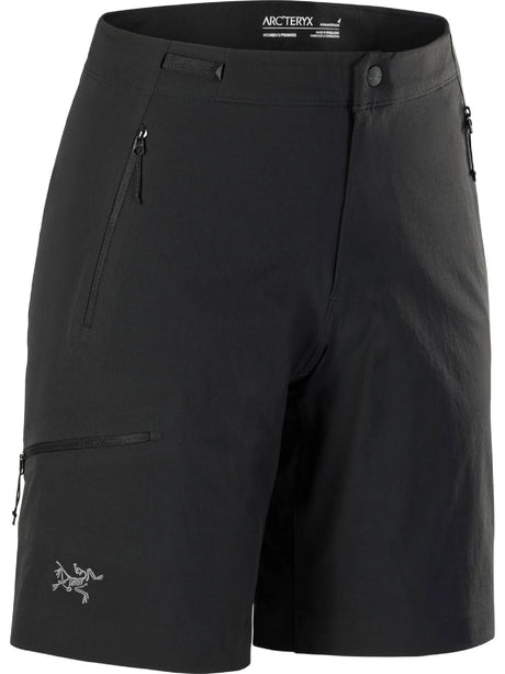 Black shorts with Arc'teryx branding on a white background - Arc'teryx Gamma Shorts 9" (Women's) - Black