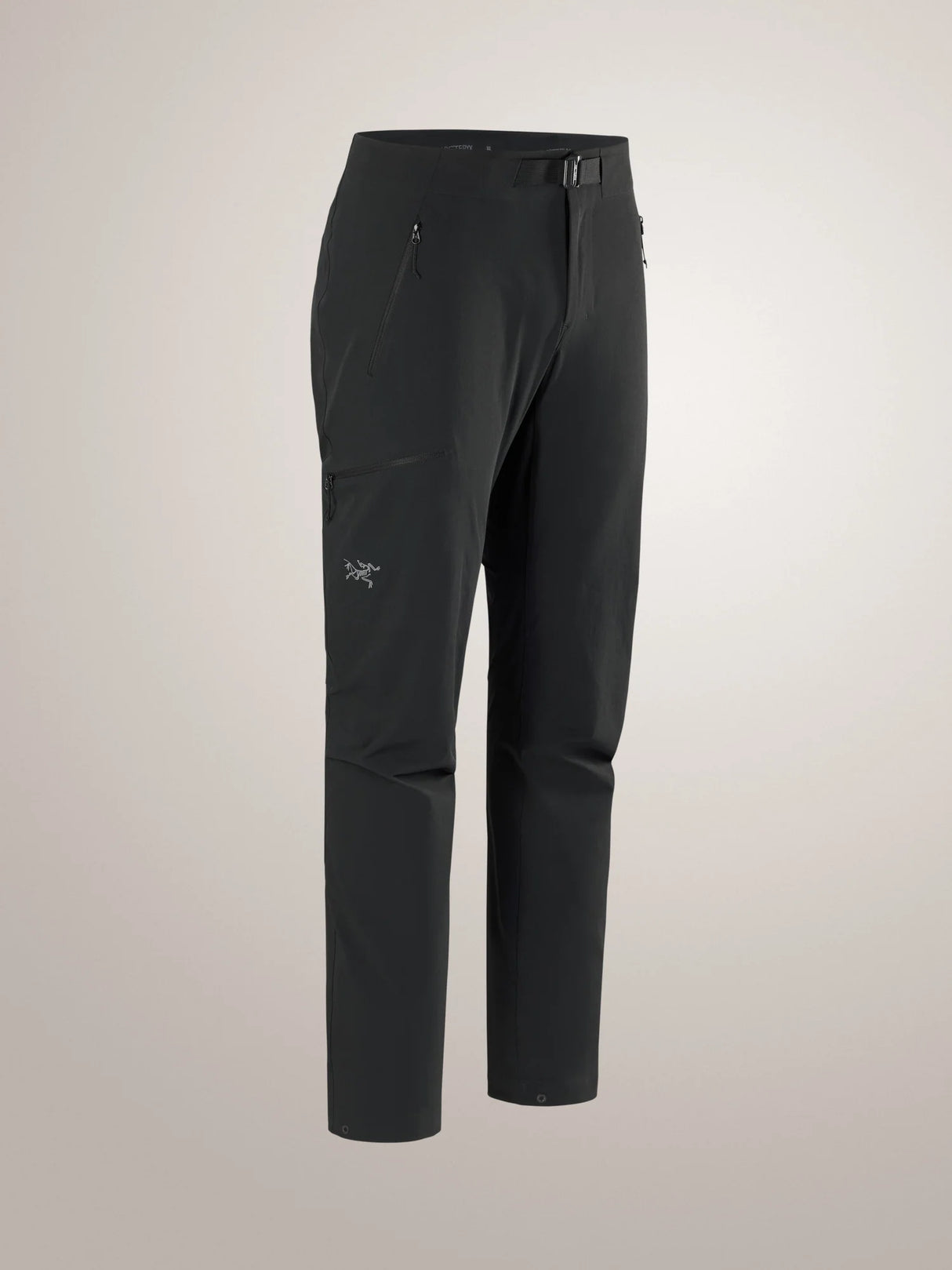 Black technical outdoor pants with zippered side pockets and a small Arc'teryx logo on the left thigh, shown against a light gray gradient background. - Arc'teryx Gamma Pants (Men's) - Black
