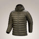 An olive green hooded puffer jacket with horizontal quilting, shown on a neutral light gray background. - Arc'teryx Cerium Hoody (Men's) - Tatsu II