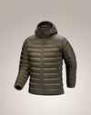 An olive green hooded puffer jacket with horizontal quilting, shown on a neutral light gray background. - Arc'teryx Cerium Hoody (Men's) - Tatsu II