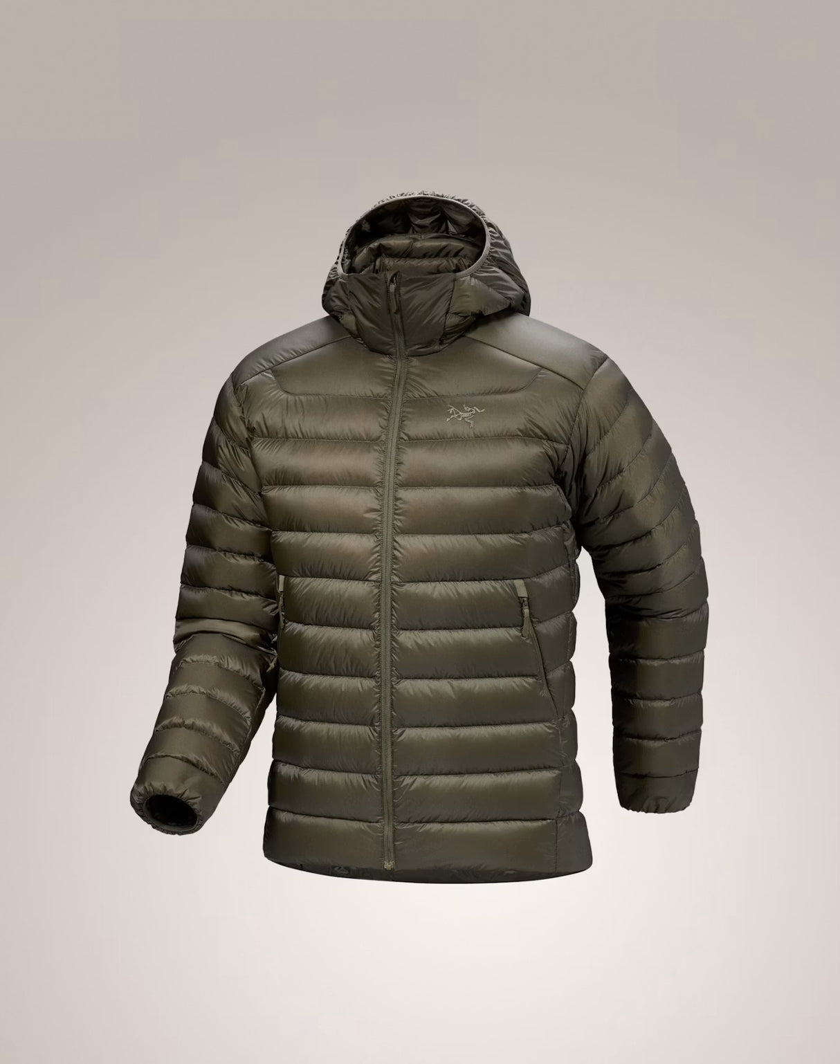 An olive green hooded puffer jacket with horizontal quilting, shown on a neutral light gray background. - Arc'teryx Cerium Hoody (Men's) - Tatsu II