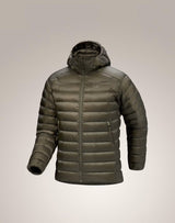 An olive green hooded puffer jacket with horizontal quilting, shown on a neutral light gray background. - Arc'teryx Cerium Hoody (Men's) - Tatsu II