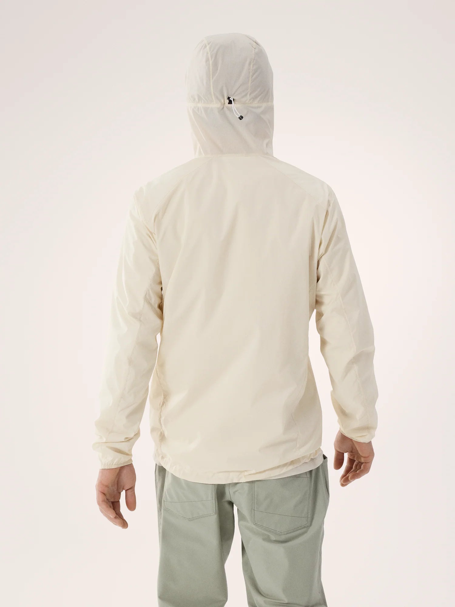 A person shown from the back wearing a light cream hooded jacket and light sage green pants against a plain light background. - Arc'teryx Squamish Hoody (Men's) - Sea Salt
